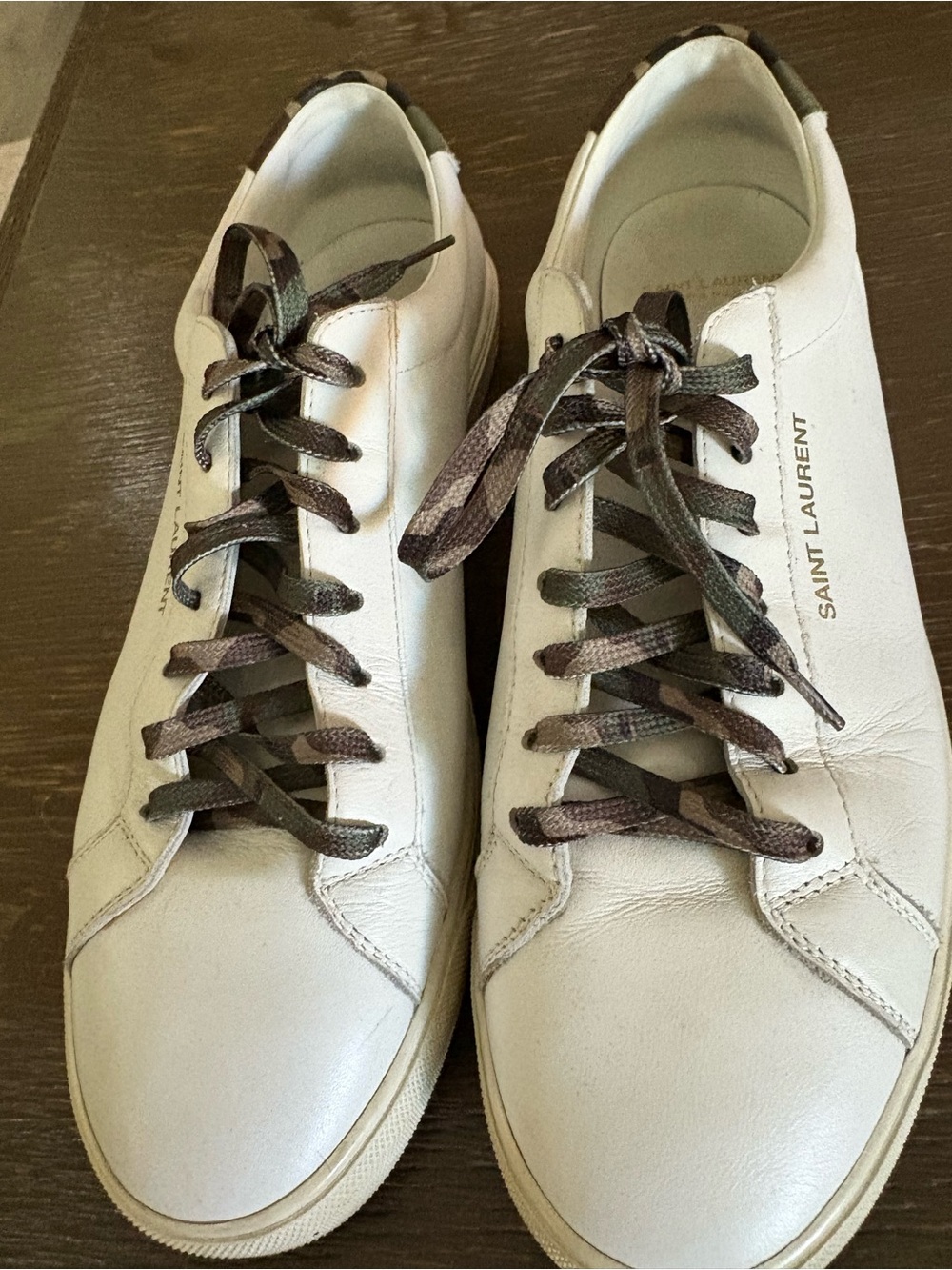 Saint Laurent Cream Leather Sneakers with Gold Logo and Brown Laces
